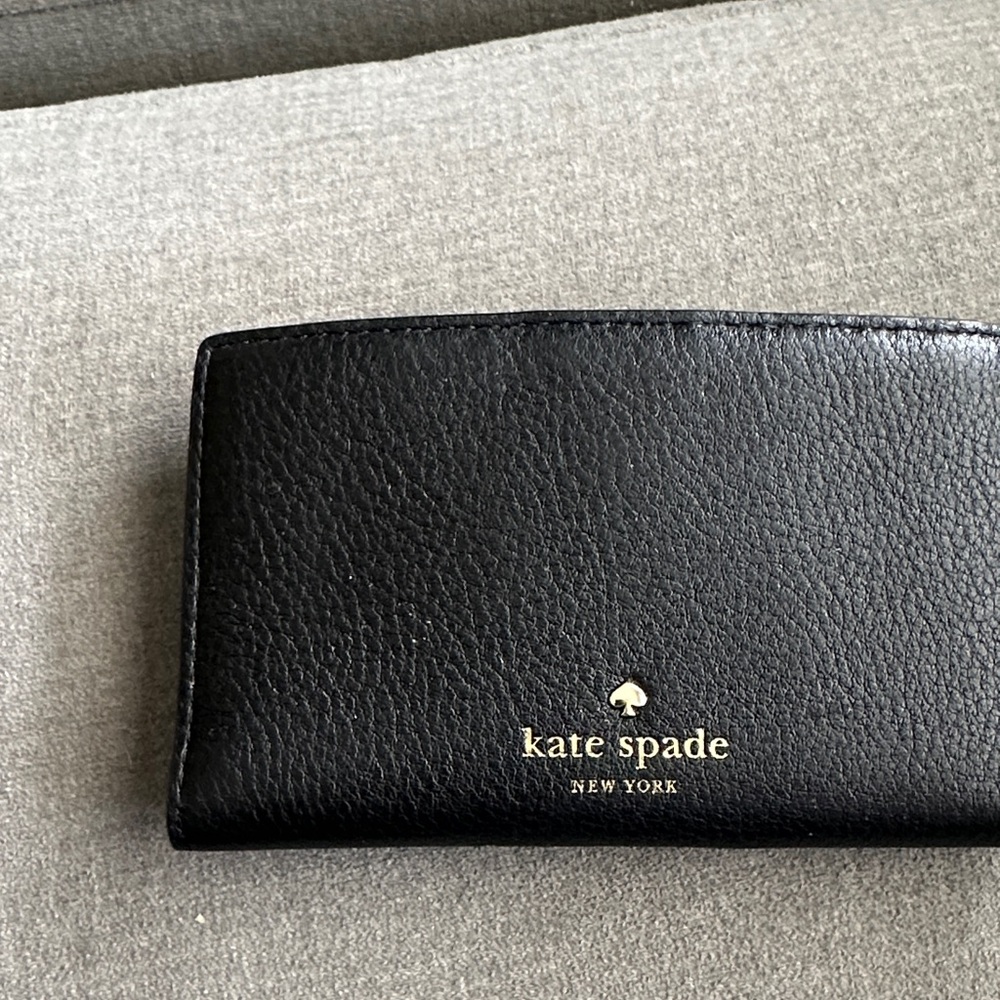 kate spade black leather mini wallet with gold logo